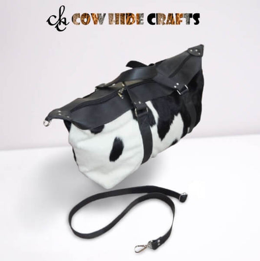 Travel duffle bag black and white cowhide