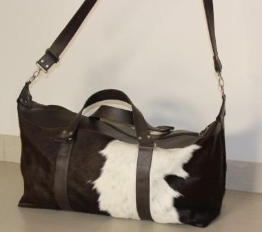 Hair on cowhide leather duffle bag for UK weekend breaks