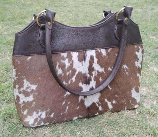 Cowhide leather shoulder bag brown and white