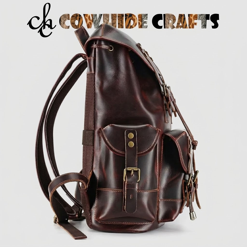 Burgundy brown leather backpack with two side buckle pockets