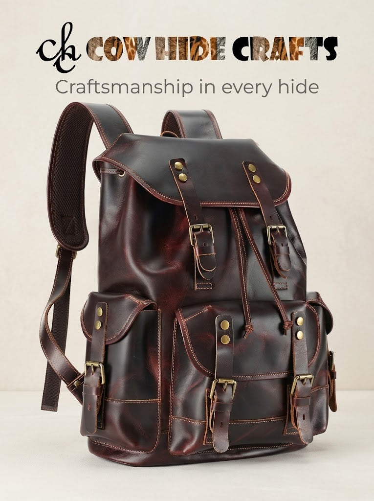 Burgundy leather rucksack with drawstring and double buckle flap