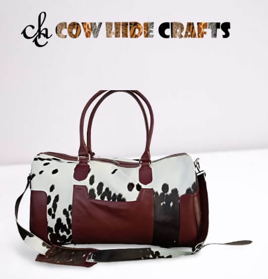 Black & White Cowhide duffle with Maroon Leather Contrast