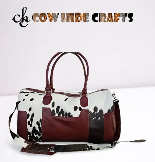 Black & White Cowhide duffle with Maroon Leather Contrast