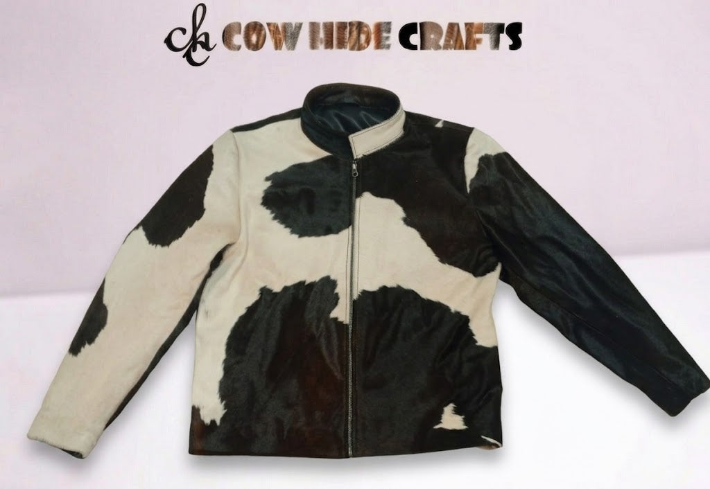 Cowhide hair-on cafe racer jacket black white cow print