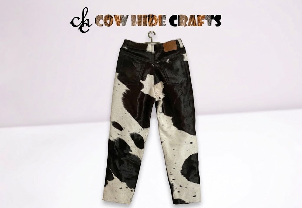 Cowhide hair-on trousers tonal panel stitching natural texture