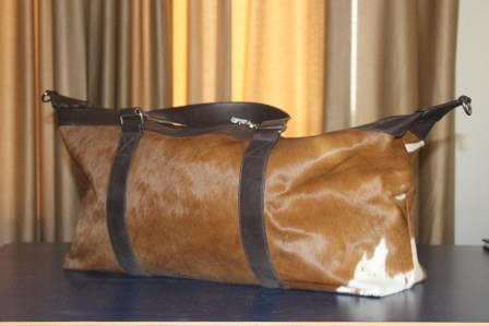 Cowhide leather duffle bag brown and white