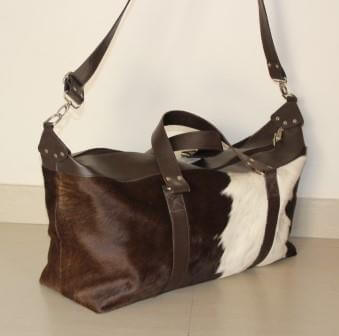 British style cowhide duffle bag UK brown and white
