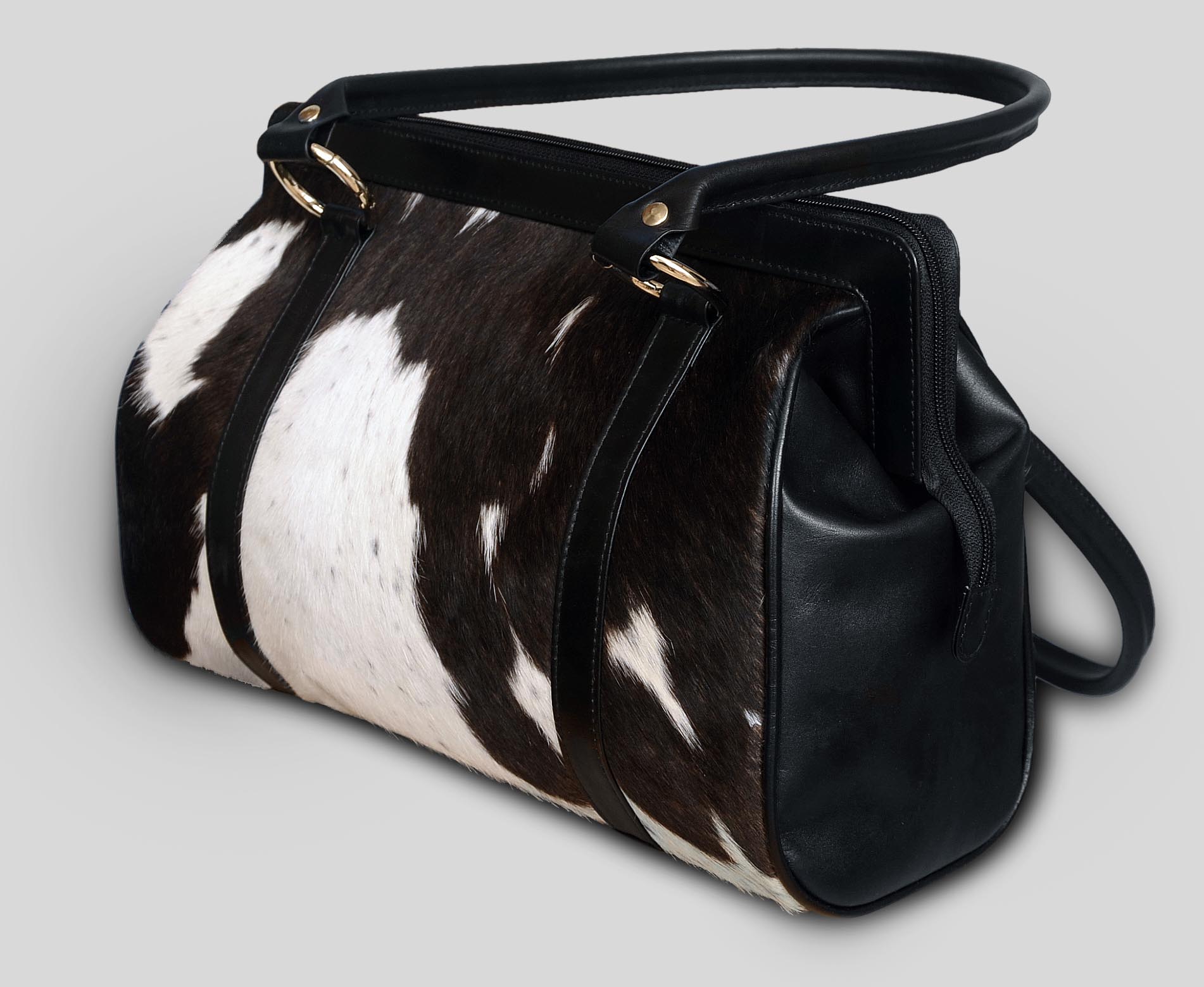 Cowhide and leather combination handbag