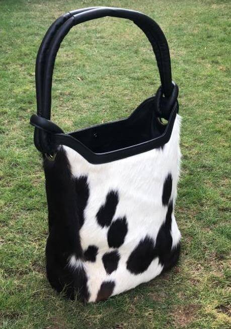 Cowhide women bucket bag with leather handles