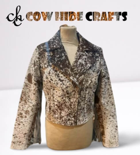 Brown and white spotted cowhide fringe jacket