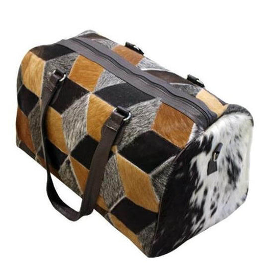Patchwork cowhide duffle bag with brown leather