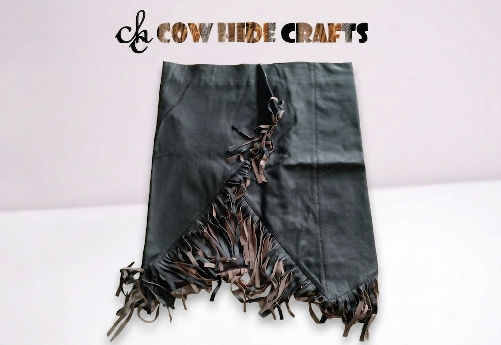 Fringe leather skirt dense multi-tonal fringes diagonal seam