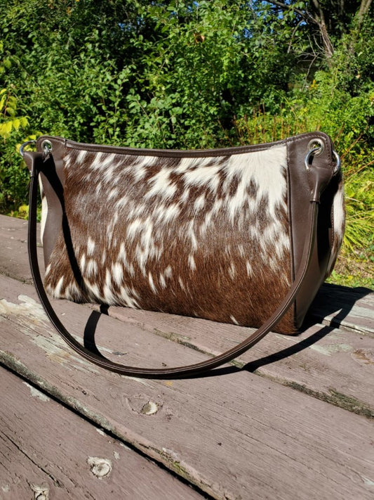 Hair on hide leather bag brown and white cowhide