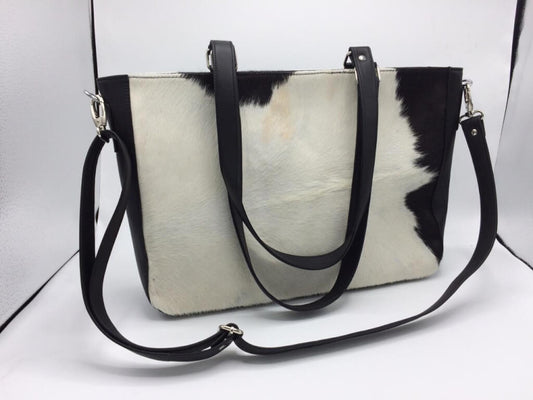Leather briefcase purse made from cowhide with leather side panels