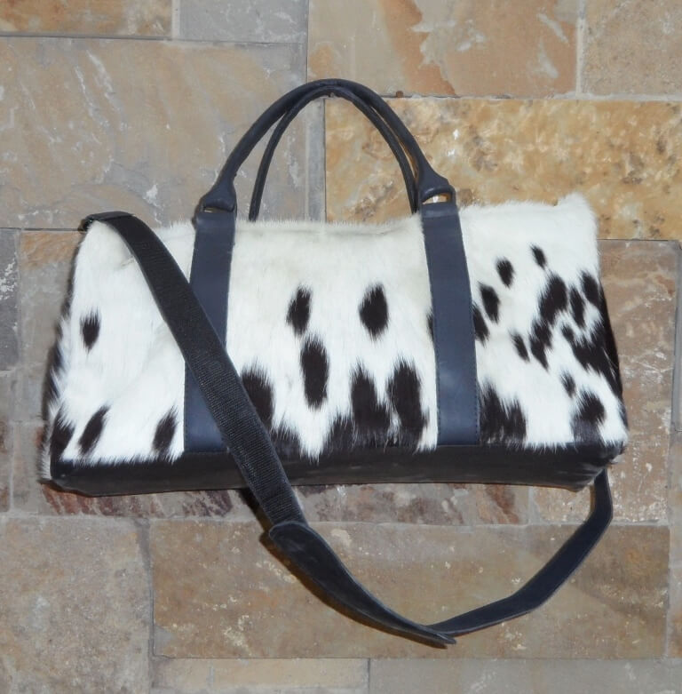 Leather sports duffle bag black and white cowhide