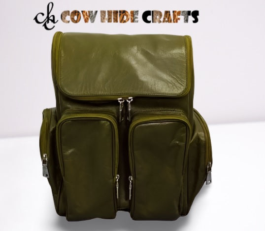 Multi Pocket Olive Green Leather Nursing Backpack