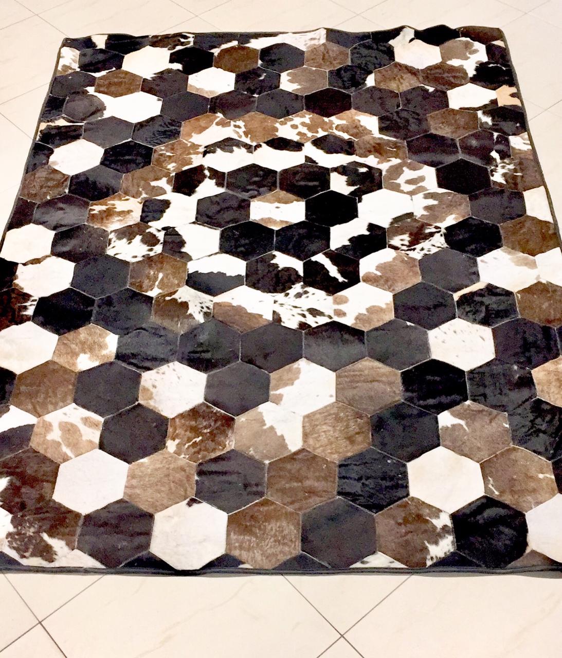 Rectangle cowhide rug hexagon tile mixed shade 24sqft