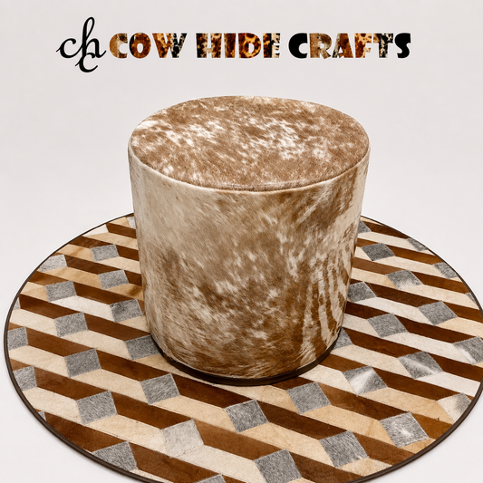 Round cowhide ottoman tan white drum stool 18x18