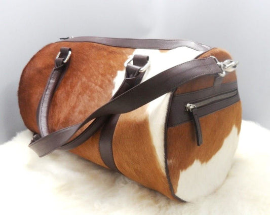 Leather weekender bag brown and white cowhide