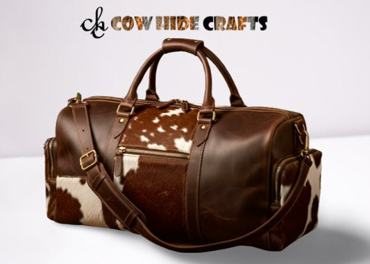 Brown and white cowhide duffle bag rustic leather design