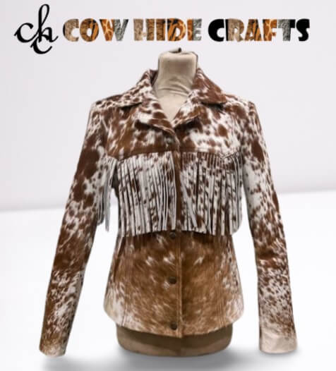 Brown and white cowhide fringe jacket
