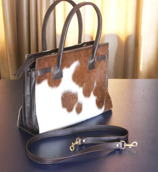 Cowgirl shoulder bag brown and white cowhide with leather strap