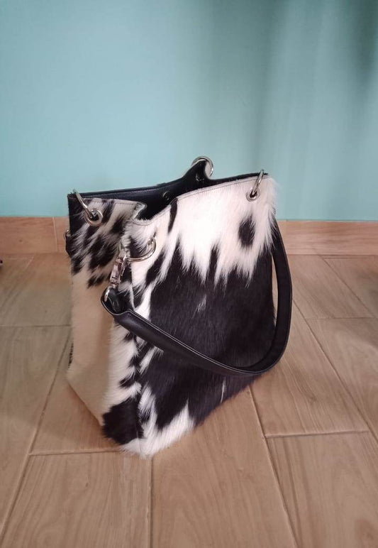 Tote leather bucket bag black and white cowhide
