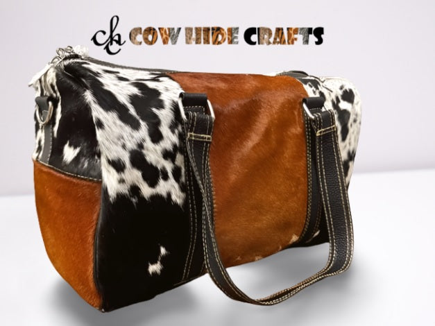 Tricolor cowhide duffle bag with brown leather base
