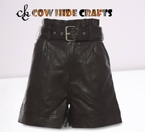 Women's A-line black sheepskin leather shorts front view