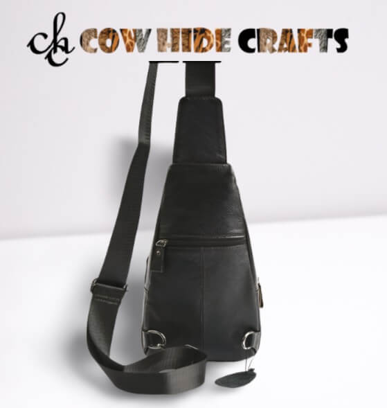 Adjustable crossbody strap on black leather sling bag