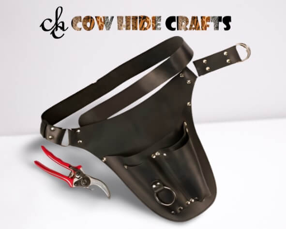 Adjustable waist belt on leather garden tool holder pouch