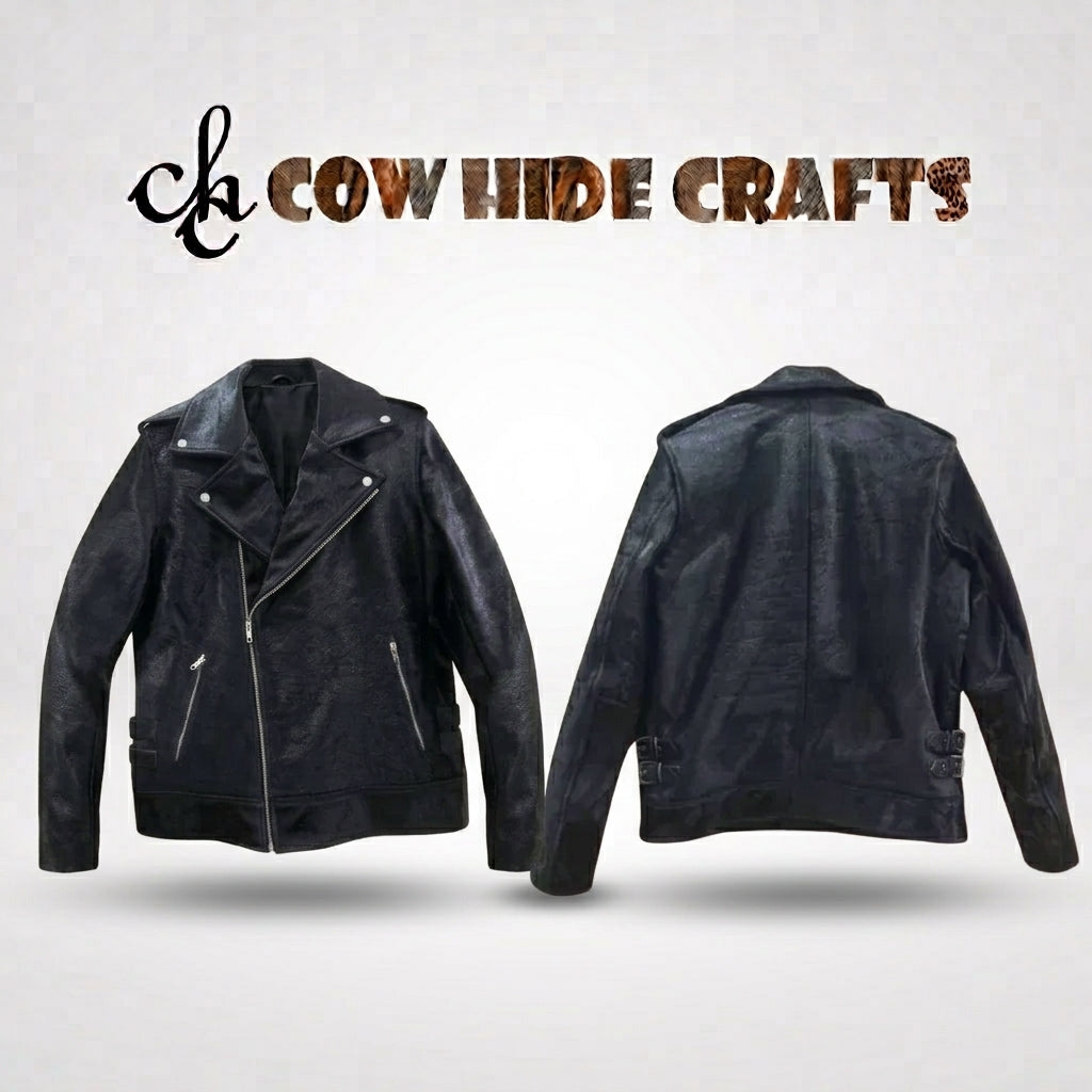 All-black hair-on cowhide biker jacket back view showing structured shoulders