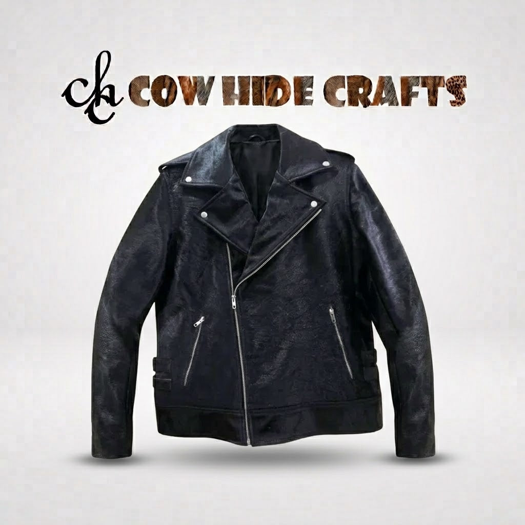 All-black hair-on cowhide biker jacket front view
