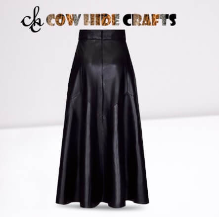 Ankle length black lambskin leather maxi skirt for women