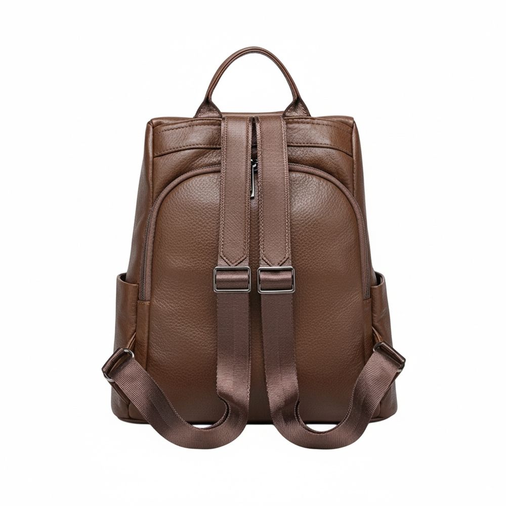 Back-panel zipper entry detail on anti-theft leather backpack