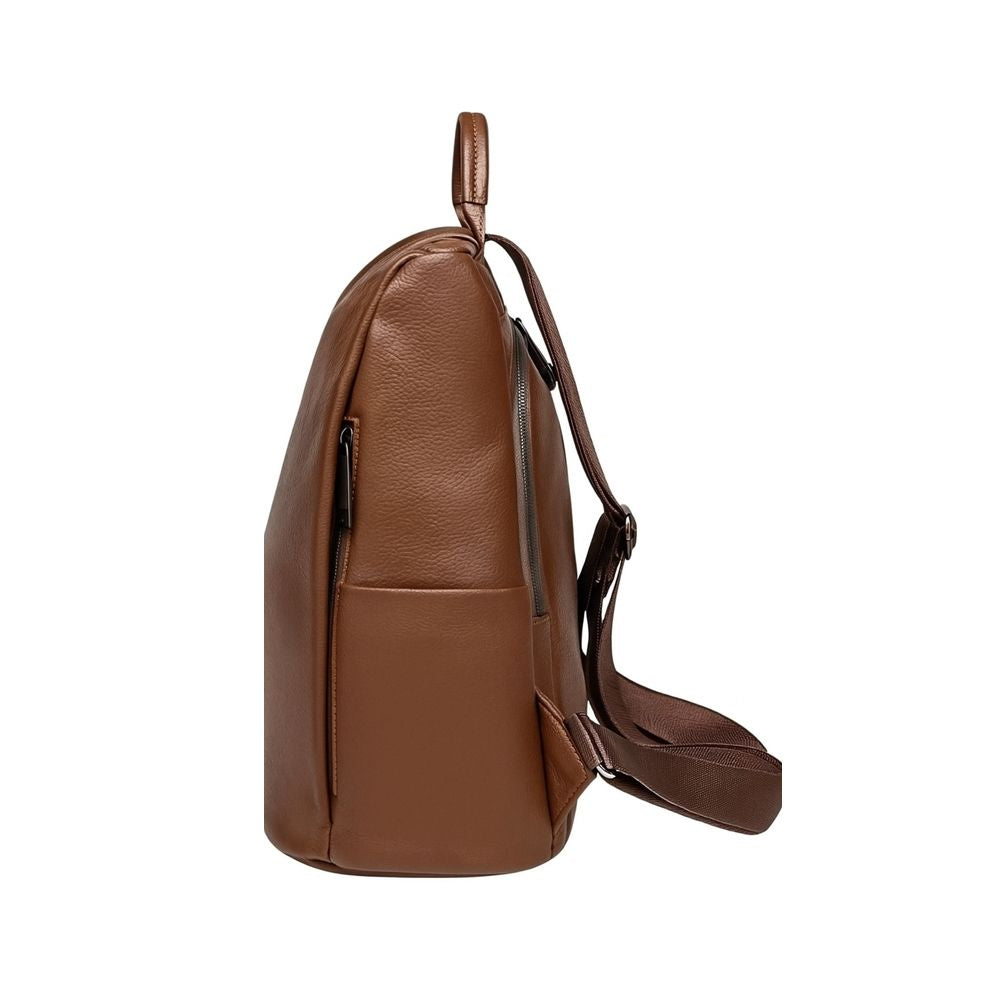 Side slip pocket detail on anti-theft leather backpack