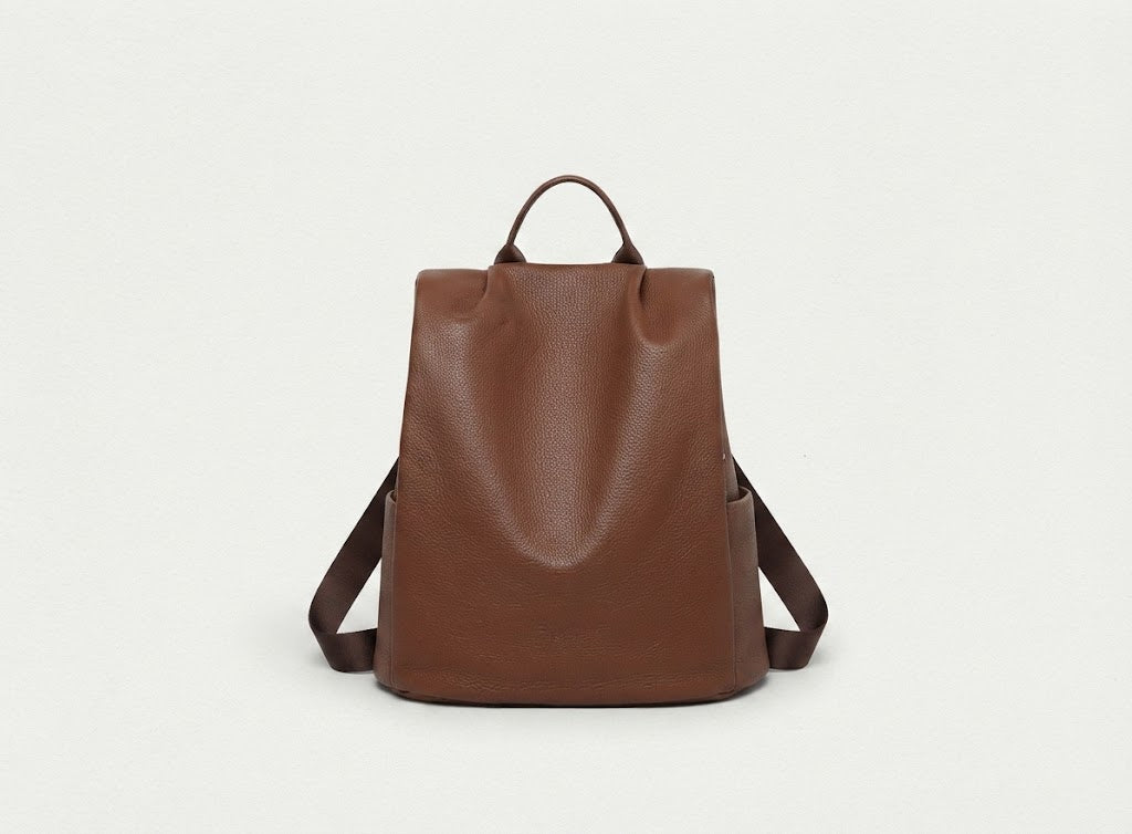 Anti-theft leather backpack in brown