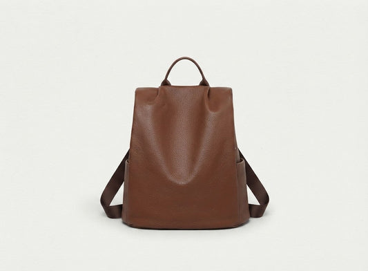 Anti-theft leather backpack in brown