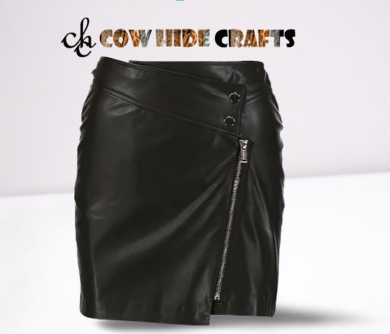 Asymmetric leather wrap skirt front view with overlapping panel