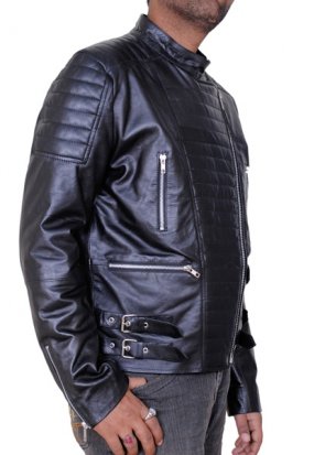 Asymmetric zipper and side belt buckles on British leather jacket