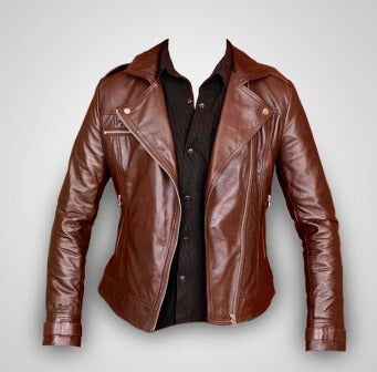 Asymmetric zipper and deep collar on brown perfecto jacket