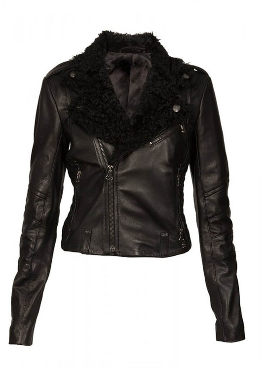 Asymmetric zipper on women's faux fur trim sheepskin leather jacket