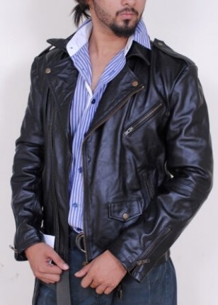 Asymmetric zipper and waist belt on men's sheepskin biker jacket