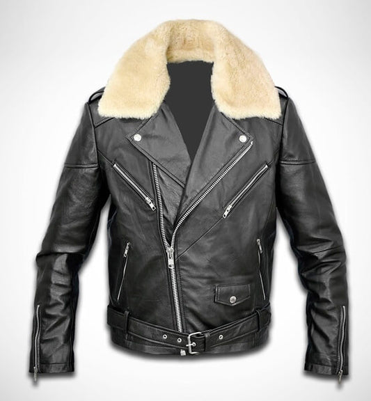 Asymmetric zipper and waist belt on sheep fur faux collar jacket