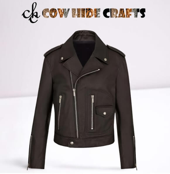 Asymmetric zipper and wide shirt collar detail on black jacket