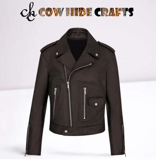 Asymmetric zipper and wide shirt collar detail on black jacket