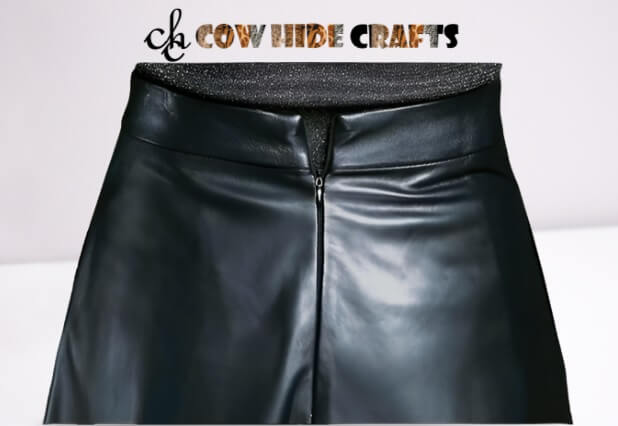 Long waistline band leather skirt with back zipper and pockets