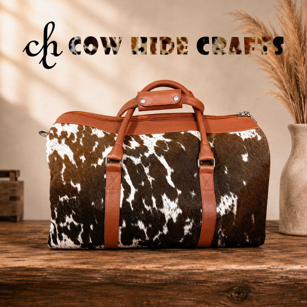 Barrel cowhide duffle brown white tan leather trim
