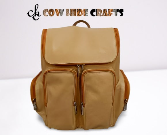 Natural beige color leather diaper travel backpack multiple pockets