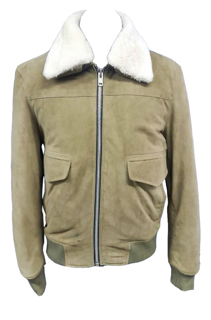 Unisex beige suede leather jacket with detachable fur collar